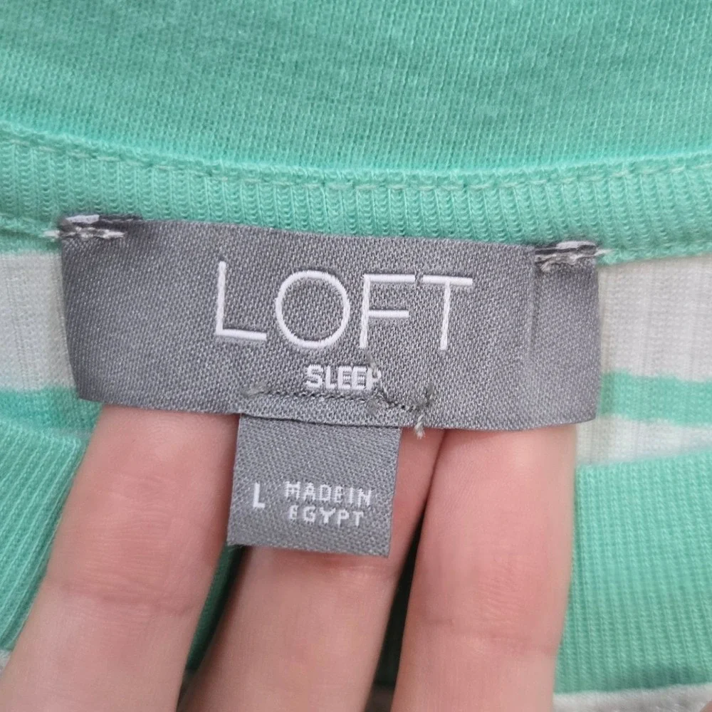 Loft 2 Piece Bike Short Pajama Set Large Green Striped Ribbed Jersey Knit Lounge